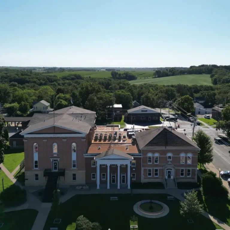 A historic courthouse square from above — history and heritage in Northwest Illinois