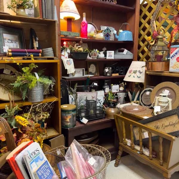 Shelves of small-town treasures inside an antique store in Whiteside County